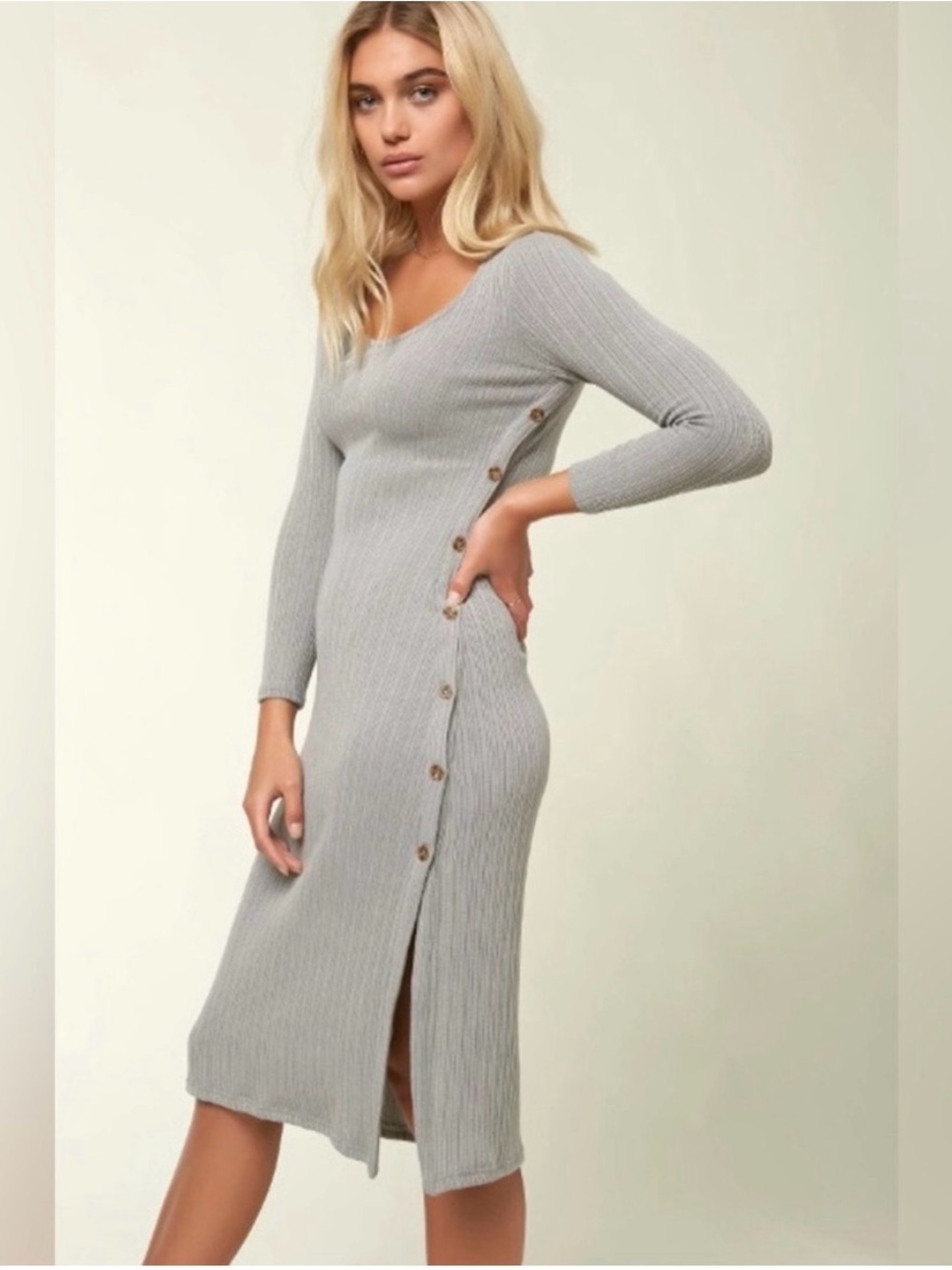 ODDY Light Gray Ribbed Scoop Neck Long Sleeve Midi Dress with Side Buttons Large